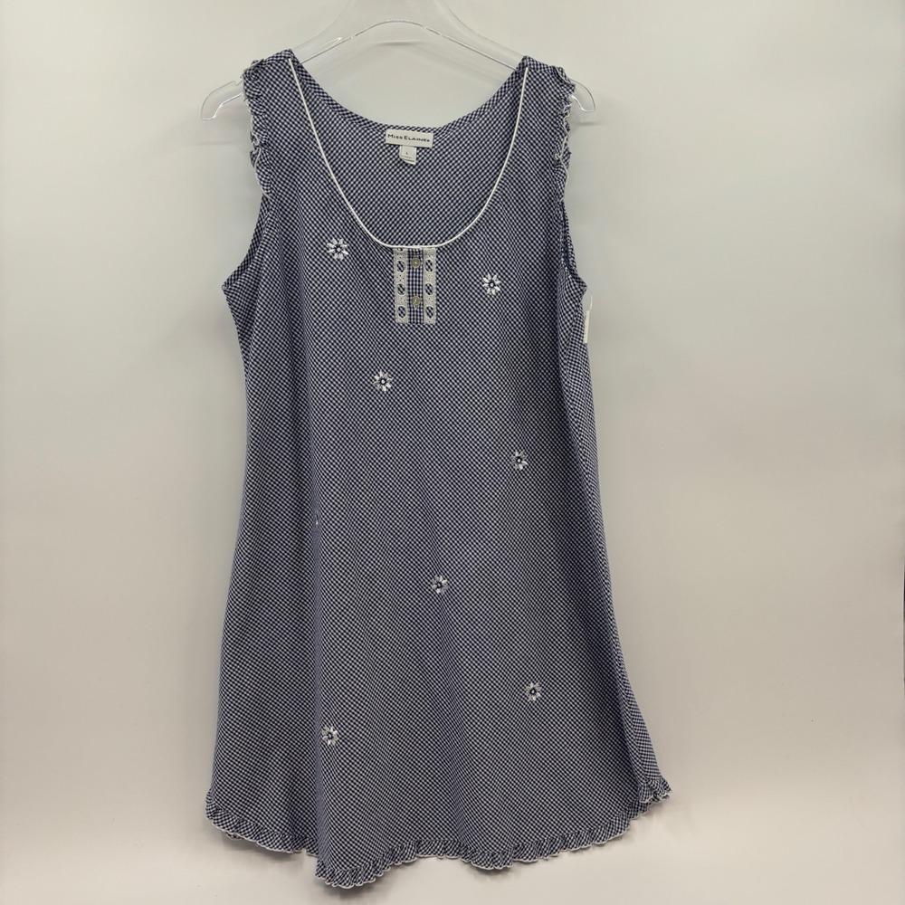 Miss Elaine Nightgown Women L Navy Gingham Floral Embroidered Ruffle Sleepwear